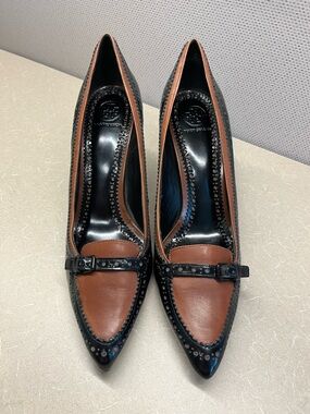 Tory Burch Black Brown Pointed Toe Brogue Strap Leather Pumps Heels—Size 11M